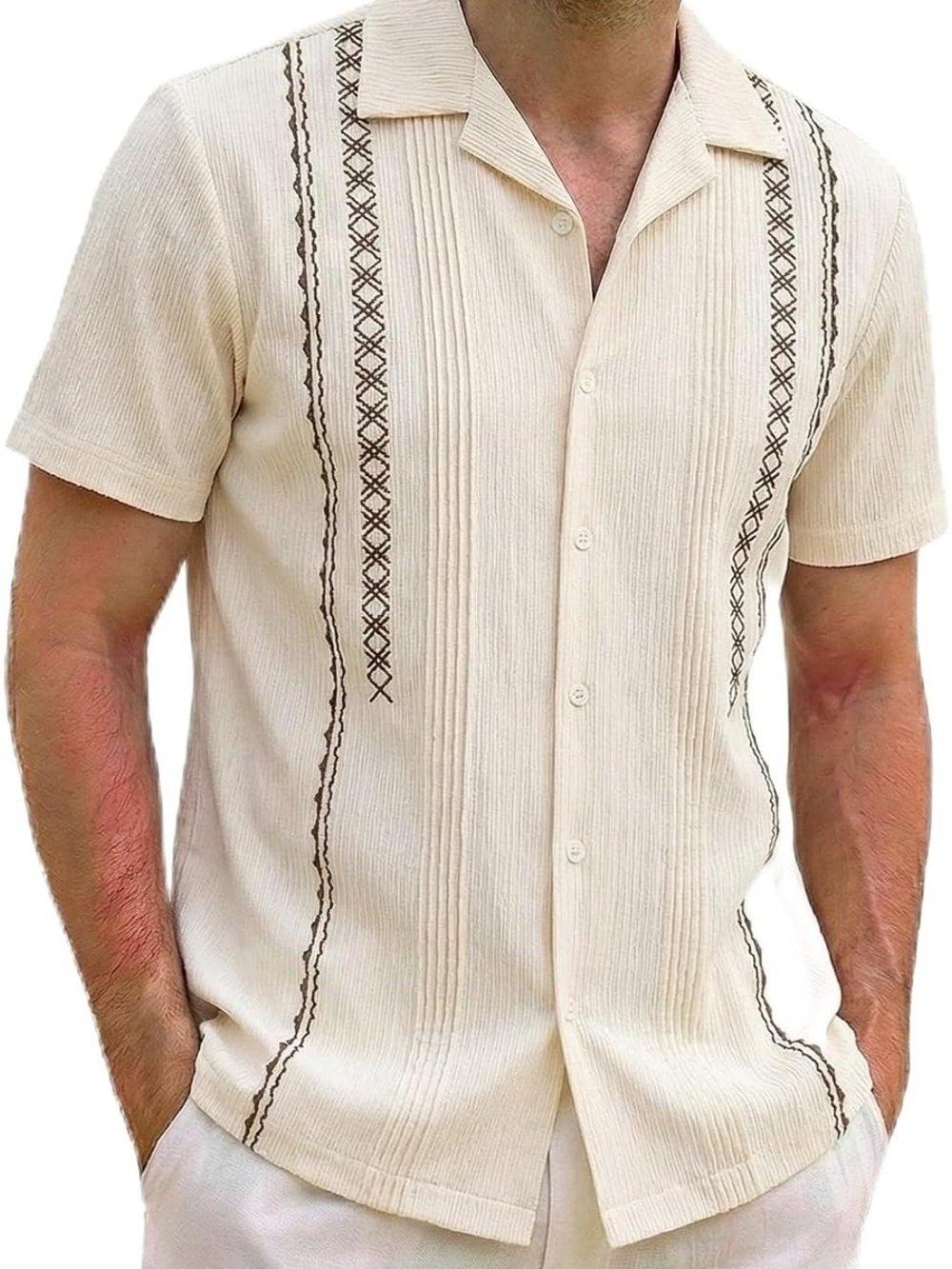 Men's Cream Short-Sleeve Embroidered Camp Shirt